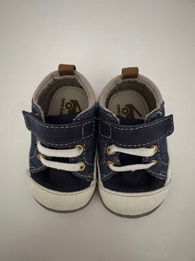 See Kai Run Navy and White Baby Sneakers with Brown Pull Tabs